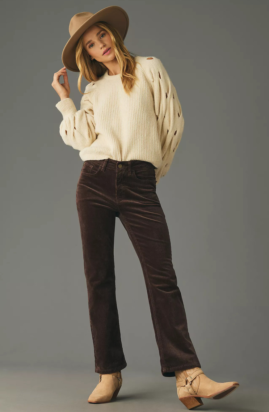 Anthropologien Pilcro Yaya Mid‑Rise Corduroy Crop Flare Jeans NWT 27 Waist